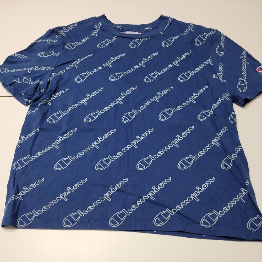 Champion Women Medium Pullover Shirt Tee Short Sleeve Stretch Full Spell Out Top